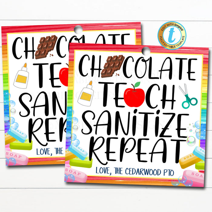Back To School Teacher Gift Tag, Chocolate Teach Sanitize Repeat
