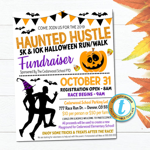 Halloween Run Flyer, 5k 10k Haunted Race Run Walk, Community Church School Pto Pta, October Fall Fundraiser Event, DIY Editable Template