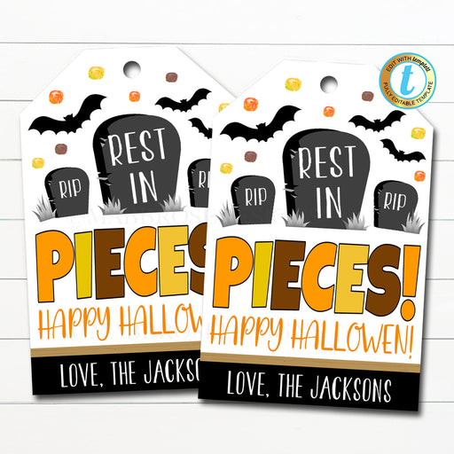 Halloween Gift Tags, Kids Halloween Party Favor Tags, Chocolate Candy, Rest in Pieces, Trunk or Treat Trick or Treat, DIY Editable Template