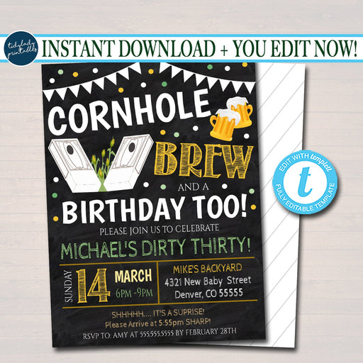 Cornhole Birthday Invitation, Adult Surprise Party, Bags and Brew Chalkboard Printable, Beer Grill Out Backyard Invite, EDITABLE TEMPLATE