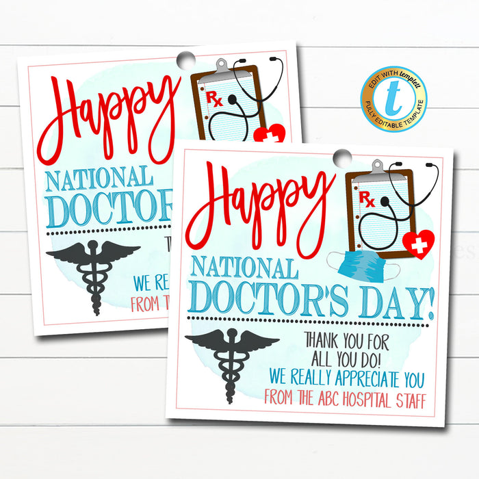 Doctor Appreciation Gift Tag, Thank You Medical Hospital Staff, Frontline Essential Worker, National Doctor's Day, DIY Editable Template