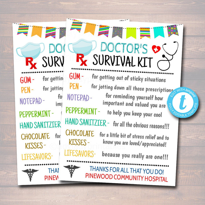 Doctor Survival Kit Gift Tags, National Doctors Day, Medical Staff Appreciation Week, Thank you Gift Card, Printable DIY Editable Template
