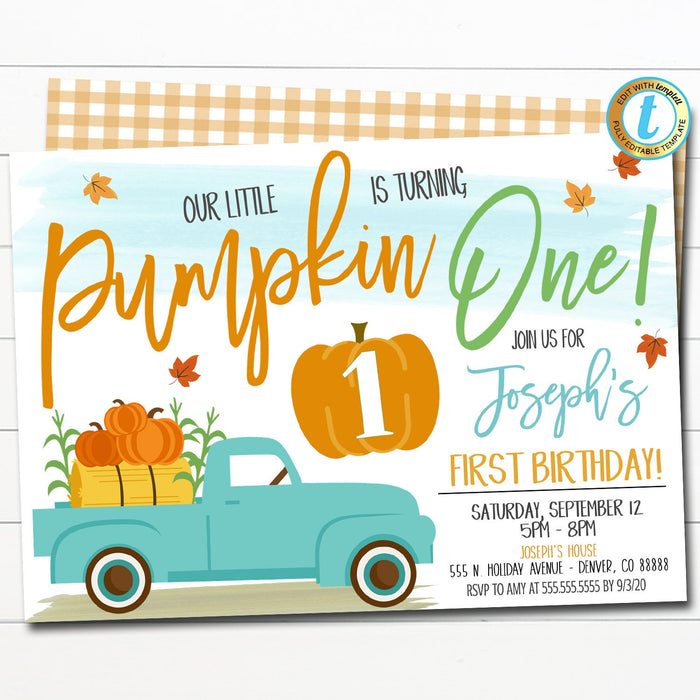 Our Little Pumpkin Birthday Invitation, Fall Boy First little blue truck birthday invite, fall autumn birthday party, DIY EDITABLE TEMPLATE