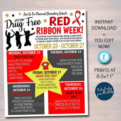 Red Ribbon Week Itinerary Schedule, Daily Weekly Calendar, School Pto, Business Organization Nonprofit Planner Printable, Editable Template