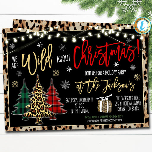 Wild About Christmas Party Invitation, Leopard and Buffalo Plaid, Invite Holiday Housewarming Adult Cocktail Party, DIY Editable Template