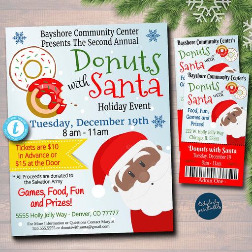 EDITABLE Donuts with Santa Flyer & tickets Breakfast with Santa Invitation, Kids Christmas Party, Printable Community Holiday Event Flyer