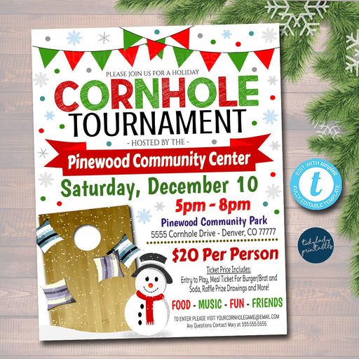 Christmas Cornhole Invite Flyer, Business School Church Benefit Fundraiser Event Poster, Digital Holiday Backyard Party, Editable Template