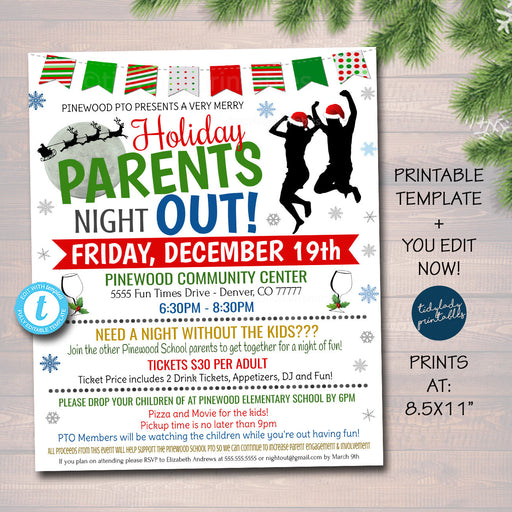 EDITABLE Christmas Parents Night Out Flyer, Printable PTA, PTO, School Family Fundraiser Event, Community Center, Church Digital Invitation