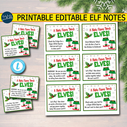 Printable Elf Notes, A note from the elves, elf prop ideas, Christmas Printables, holiday elf notecards, elf gift tags, EDITABLE TEMPLATE