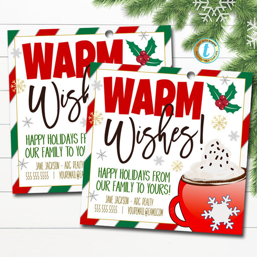 Christmas Warm Wishes Realtor Hot Chocolate Pop By Gift Tags for clients, real estate marketing tags, Holiday Treat Tag, Editable Template