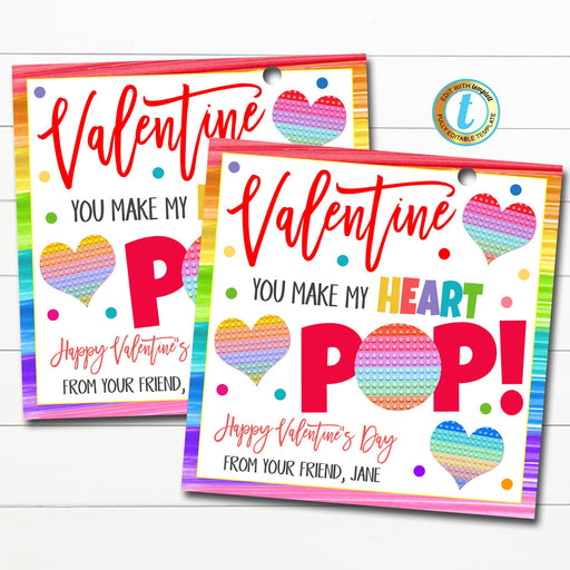 Valentine Pop It Gift Tags, Pop-It Gift Labels Valentine's Day Pop Its Teacher Classroom Tags, Rainbow Kids Toy, Non Candy EDITABLE TEMPLATE