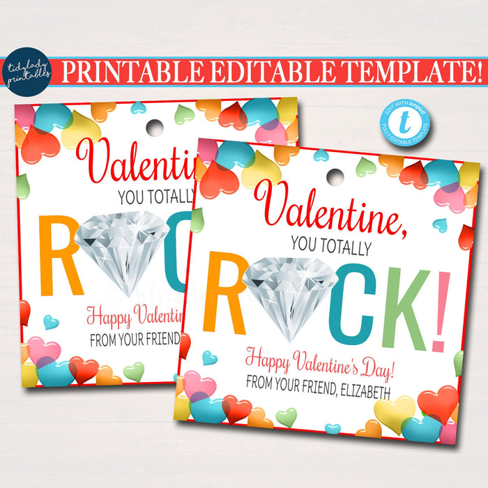 EDITABLE Valentine You Rock Gift Tags, Candy You're a Gem Valentine Gift Tag, Classroom School Teacher Staff, Valentine Label DIY Template