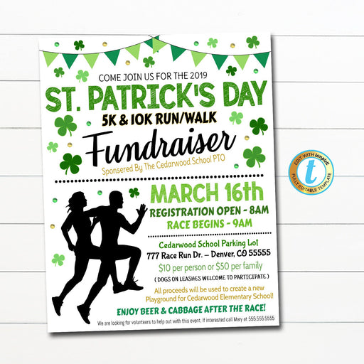 St. Patrick's Day Run Flyer, St. Paddy's Day Race Party, School Church Pto Pta Fundraiser, March Event Editable Template, DIY Self-Editing