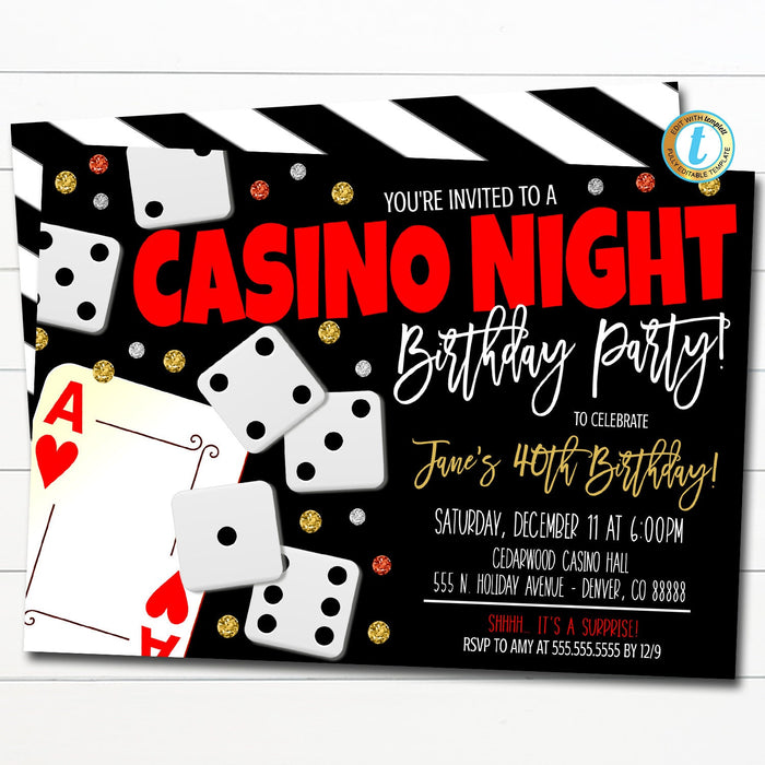 Casino Night Party Invitation, Adult Surprise Birthday Invite, Poker Casino Gambling Party, Work Happy Hour Invite, DIY Editable Template