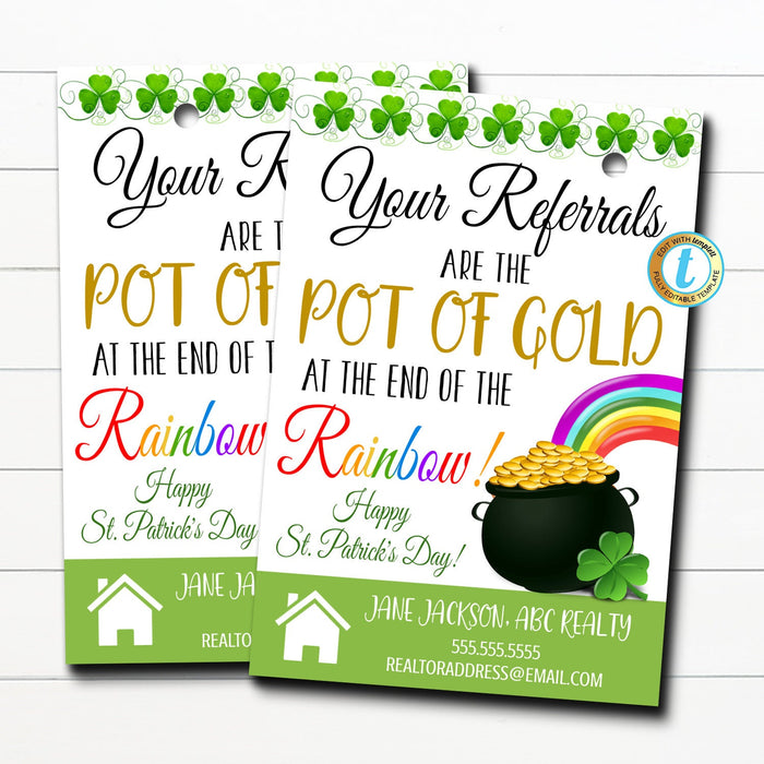 St Patricks Day Pop-By Tag, Pot of Gold Pop-By, Thank You For Your Referral, St Pattys Day, Realtor Pop By, Real Estate Marketing, Editable