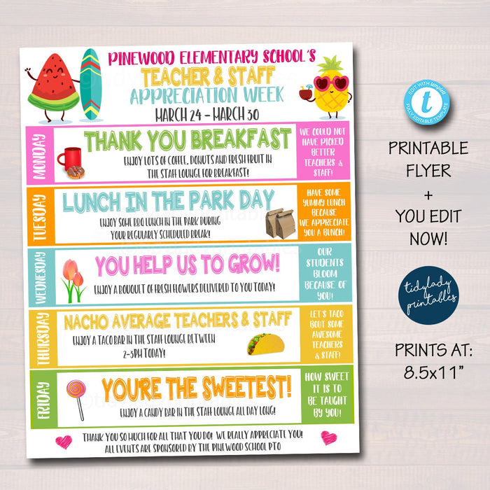 Teacher Appreciation Week Flyer, Staff Invitation Printable Appreciation Schedule of Events, Tropical Beach Fruit, DIY EDITABLE TEMPLATE