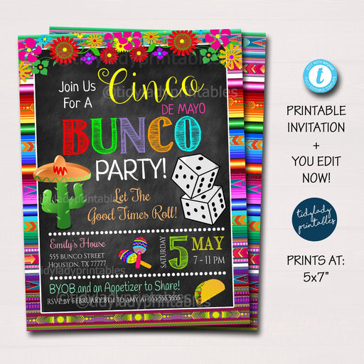 Cinco De Mayo Bunco Party Invitation, Bunco Dice Mexican Fiesta Party Invite, Adult May Games Cocktail Party, Printable EDITABLE TEMPLATE