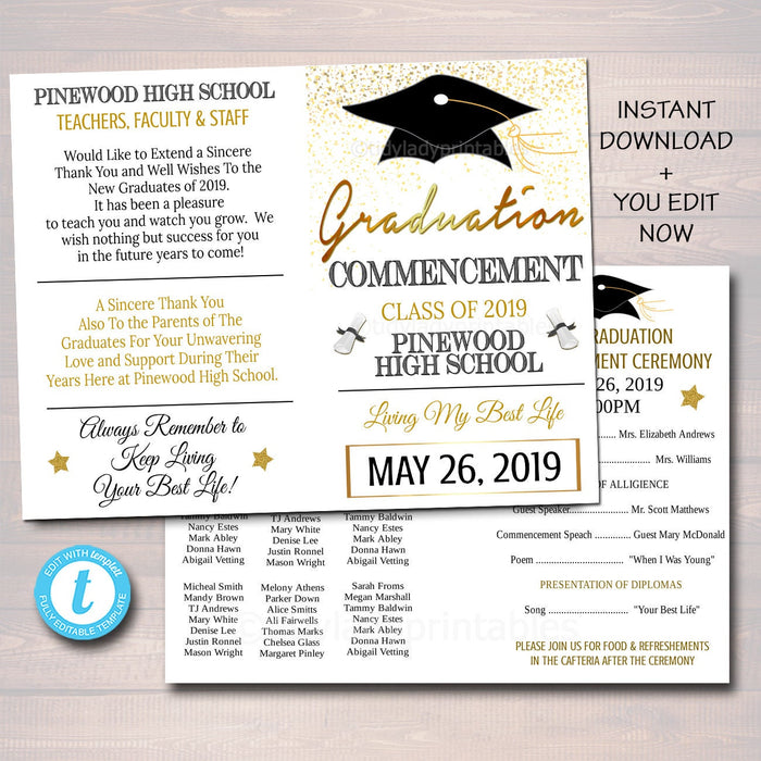 Graduation Ceremony Program Template, High School Graduation College Commencement, DIY Graduation Order of Events Announcement, EDITABLE