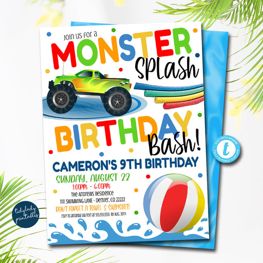 Pool Party Invitation, Monster Truck Waterslide, Boy Birthday Invite, Summer Birthday Party, Splash Pad Waterpark Pool, EDITABLE TEMPLATE