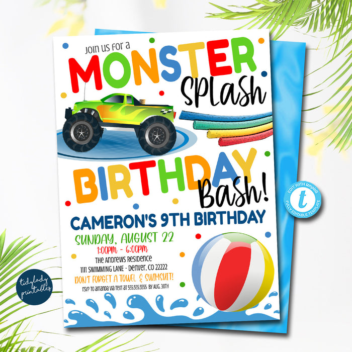 Pool Party Invitation, Monster Truck Waterslide, Boy Birthday Invite, Summer Birthday Party, Splash Pad Waterpark Pool, EDITABLE TEMPLATE