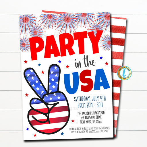 4th of July Invitation, Party in the USA Peace Sign, Firecracker Firework Invite, Editable BBQ Fourth of july uncle Sam Invite, TEMPLATE