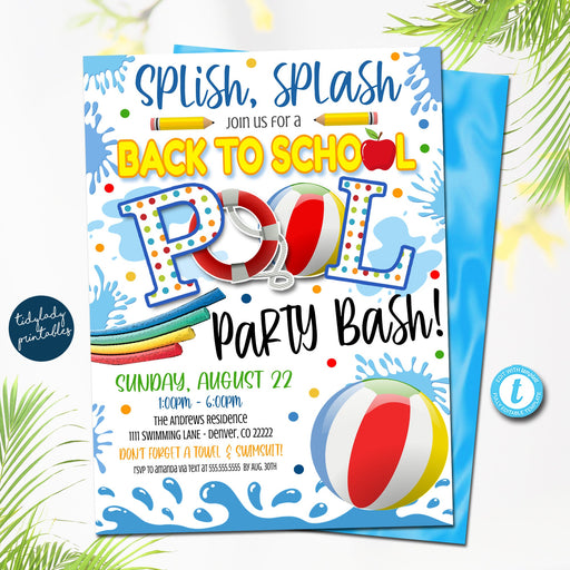 EDITABLE Back To School Pool Party Invitation, Printable Digital Invite, End of Summer, Backyard Party, Splish Splash, diy printable invite