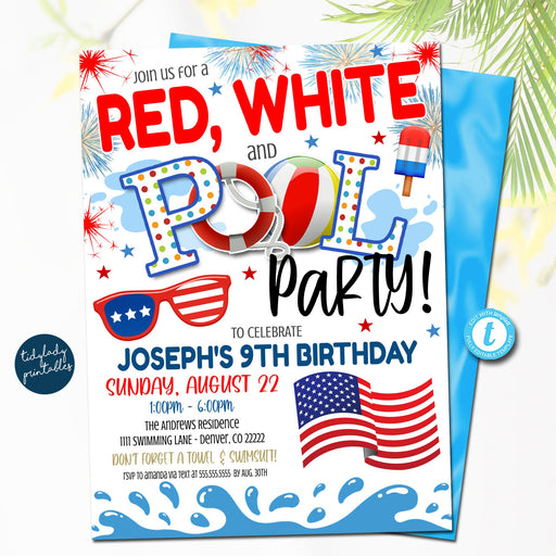 4th of July Invitation, Pool Party Invitation, Birthday invite, red white blue pool party Invite, kids summer swim party, EDITABLE TEMPLATE