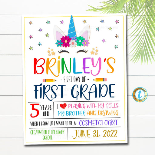 Unicorn First Day Of School Sign, Editable First Day of Kindergarten, First Day of PreSchool Girl Sign, Instant Download Any Grade Template
