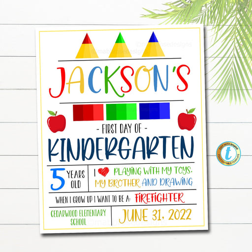 First Day Of School Sign, Editable First Day of Kindergarten, First Day of PreSchool Sign Primary Colors Instant Download Any Grade Template