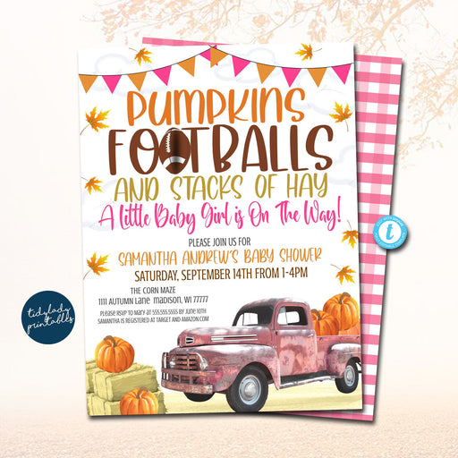 Pumpkin and Footballs Girl Baby shower Invitation, Pink Truck, Touchdown Coed Couples Tailgate Party, Fall Invitation, Girl Autumn TEMPLATE