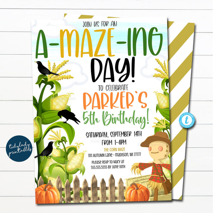 Corn Maze Birthday Invitation, Pumpkin Farm Pumpkin Patch, Scarecrow Hay, Fall Boy Autumn Party Invitation Printable, EDITABLE TEMPLATE