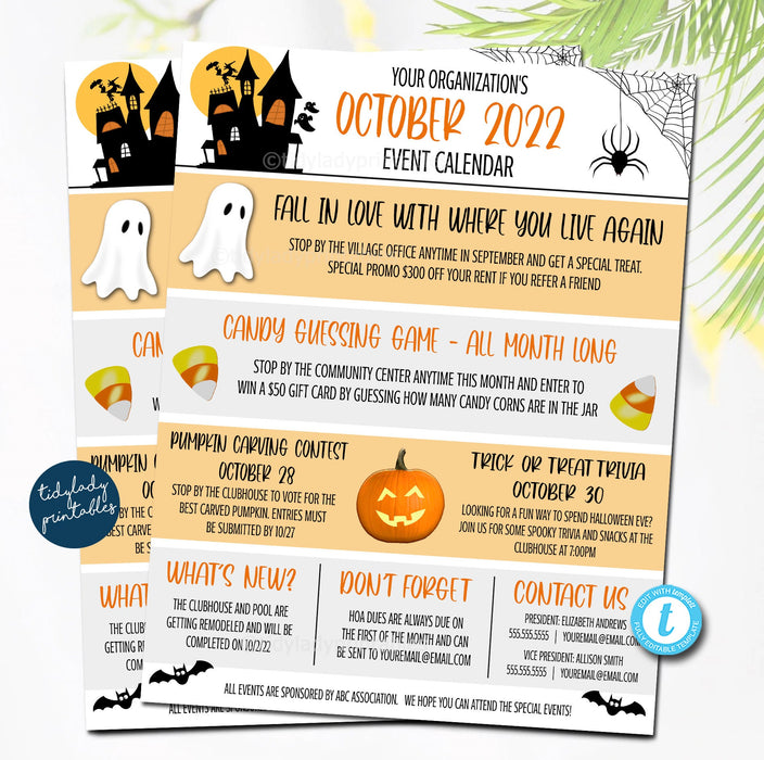 October Events Newsletter Flyer, School Pto Pta Printable, HOA Neighborhood Community Happenings Email Communication, EDITABLE Template