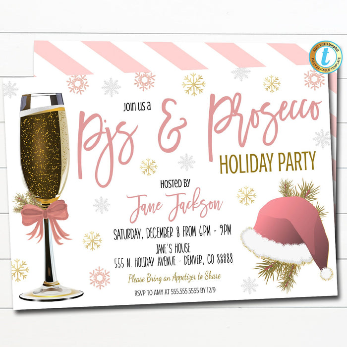 Pajamas & Prosecco Christmas Party Invitation, Bachelorette Holiday Brunch Pink Pastel Invite, Cocktail Party Template Self-Editing Download