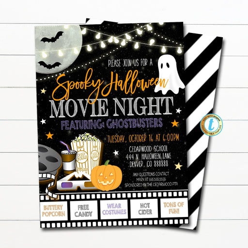 Halloween Movie Night Invitation-Halloween Party Invite-Backyard Movie Night Birthday Party, Church School Pto Pta Fall, Editable Template