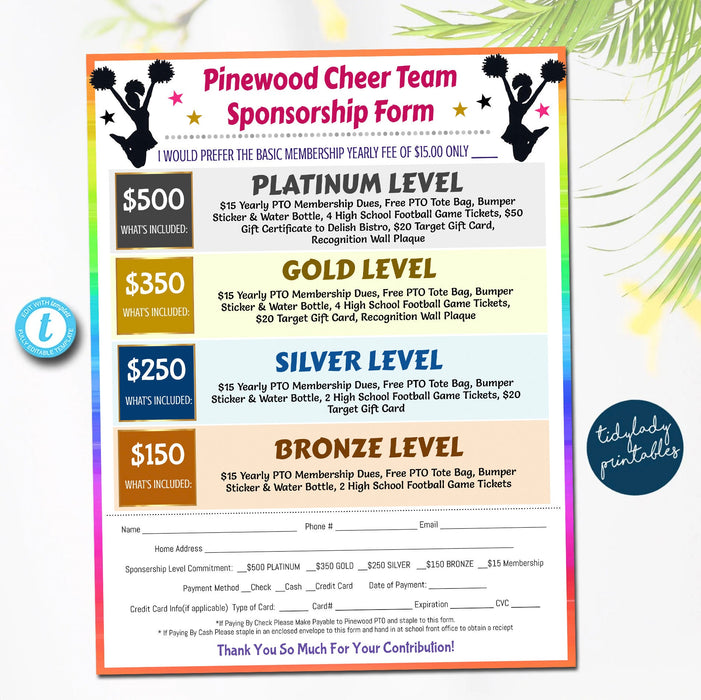Cheerleader Sponsorship Form, Sponsership Membership Donation Signup Printable Handout, Cheer Team School Sports Fundraiser Event, EDITABLE