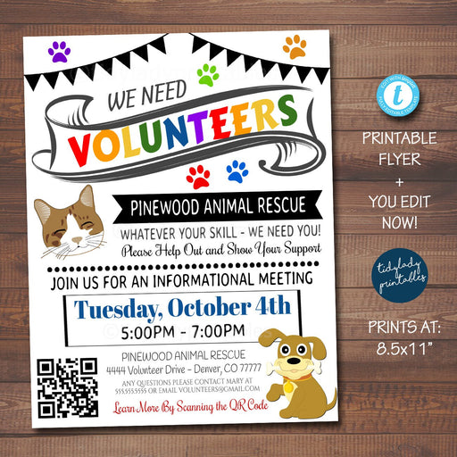 EDITABLE Volunteer Recruitment Flyer, Printable Handout, Pet Animal Rescue Sign, Animal Shelter Workers, We Need Volunteers, TEMPLATE