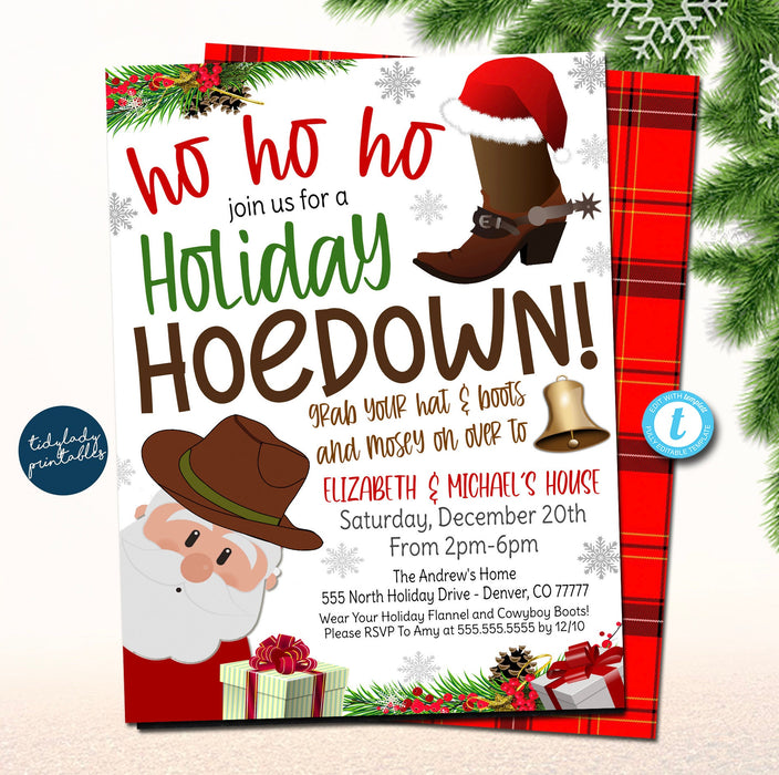 Christmas Hoedown Invitation, Cowboy Santa ho ho hoedown Holiday Party Invite, Western Country Xmas Holiday Party Invite, EDITABLE TEMPLATE