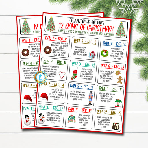 Editable Christmas Holiday Appreciation Flyer, Teacher 12 Days of Christmas Calendar, School PTO PTA, Xmas Daily Events Itinerary Template