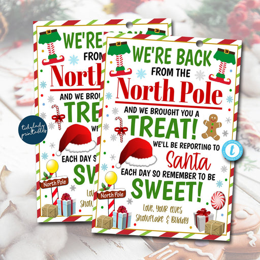 Elf we're back gift tags, christmas elf tradition, Elves back with gifts, Elf gift tags, Elf back from North Pole, Elf Return Treat EDITABLE