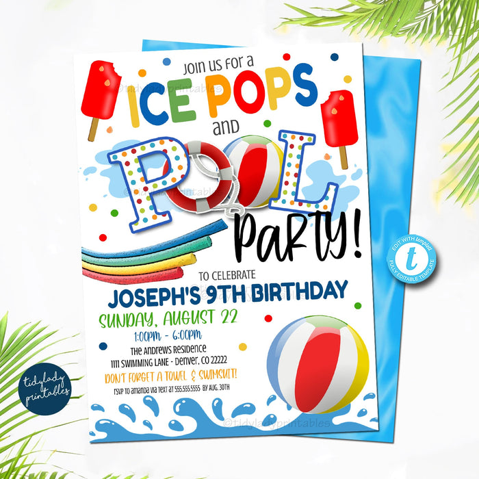 Ice Pops and Pool Party Invitation, End of School Party, Printable Invite Back to School, Summer Kids Water Pool Birthday, EDITABLE TEMPLATE