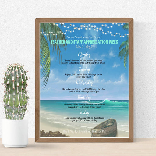 Teacher and staff appreciation week itinerary, weekly schedule of events, Tropical Beach Rest and Relax theme, Printable Editable Template