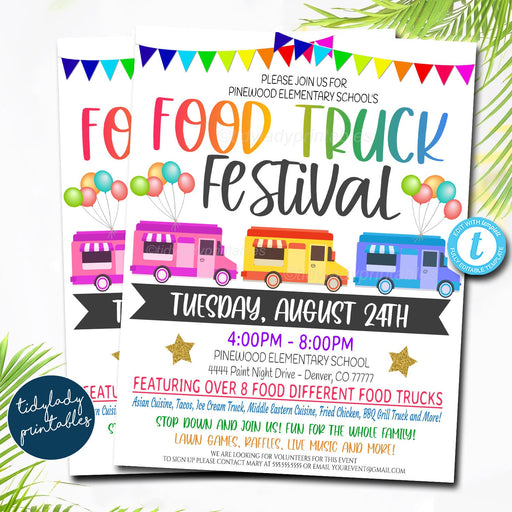 Food Truck Festival Flyer, School pto pta Fundraiser, Community Church Event Flyer, Spring Summer Neighborhood Festival, EDITABLE TEMPLATE