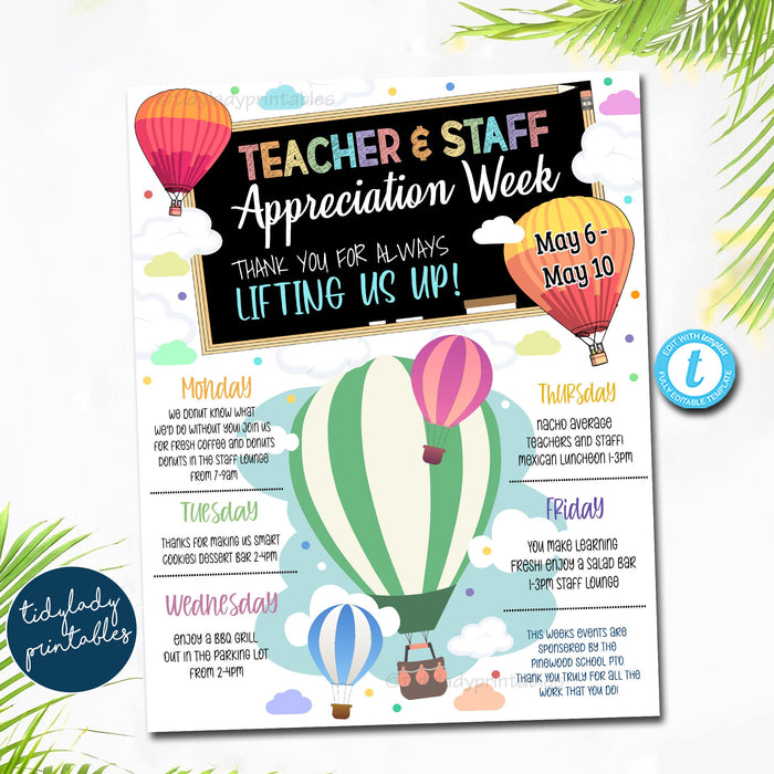 EDITABLE Lift Us Up Teacher and Staff Appreciation Week, Itinerary Poster, Digital File, Schedule Events, INSTANT DOWNLOAD Fundraiser flyer