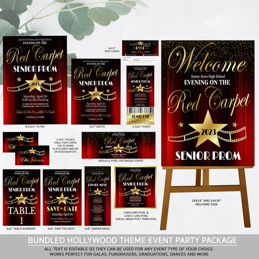 Hollywood VIP Red Carpet Party Package Theme, Prom Invite Flyer Template, High School Formal Gala Fundraiser Dance Ticket Social Media Event