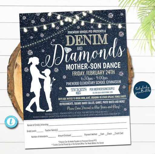 Mother Son Dance, Denim and Diamonds Blue Jeans and Bling Theme, School Pto Pta, Church Fundraiser Flyer Template Event EDITABLE TEMPLATE