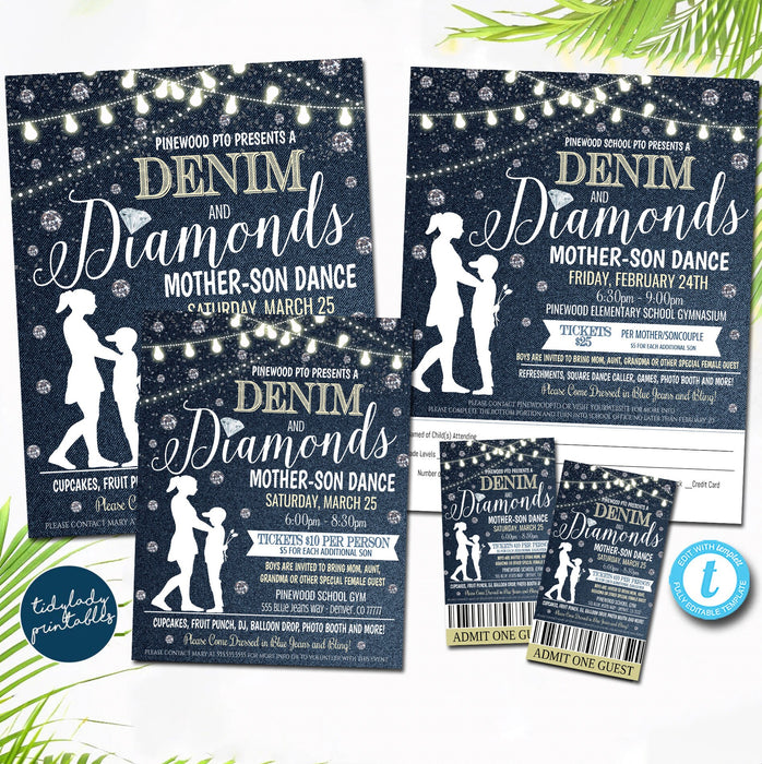 Mother Son Dance, Denim and Diamonds Blue Jeans and Bling Theme, School Pto Pta, Church Fundraiser Flyer Invite Ticket EDITABLE TEMPLATE