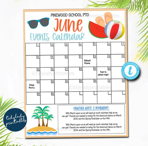 EDITABLE June Events Calendar, Summer PTO PTA Printable Handout, School Year Fundraiser Event Volunteer, Seasonal Organizer Template