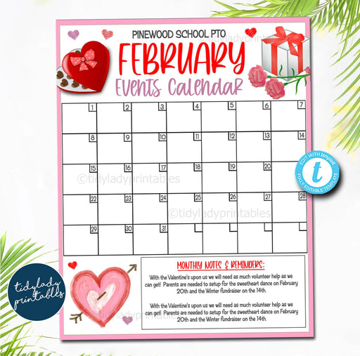 EDITABLE February Events Calendar, Winter PTO PTA Printable Handout, School Fundraiser Event Volunteer, Seasonal Organizer Template