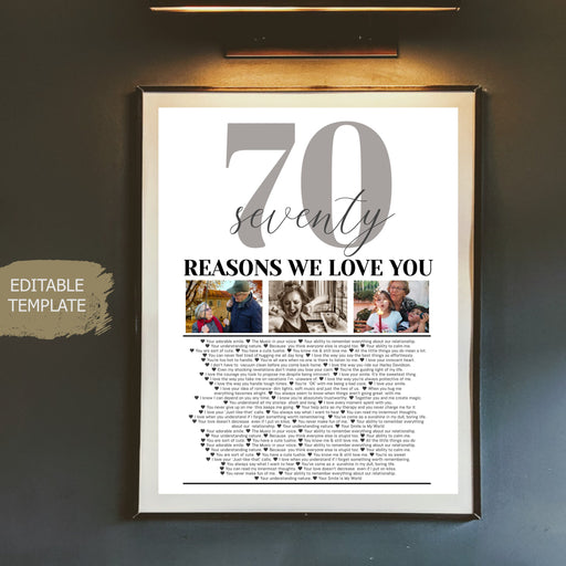 Editable Template, 70 Reasons we love you Photo Collage, Mom's 70th Birthday, Dad's 70th Birthday, 70 Things We Love About You Friend Gift