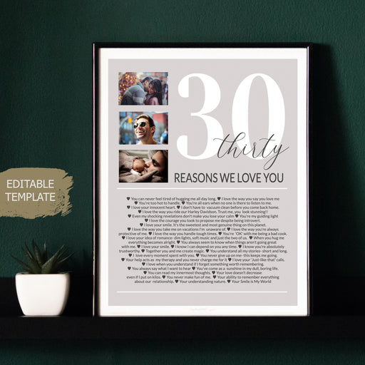 Editable Template, 30 Reasons we love you Photo Collage, Mom's 30th Birthday, Dad's 30th Birthday, 30 Things We Love About You Friend Gift